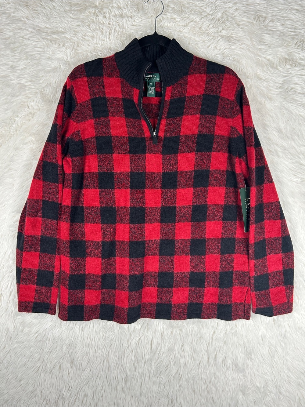 Lauren Ralph Lauren Buffalo Plaid Half-Zip Sweater - Red & Black Lambswool